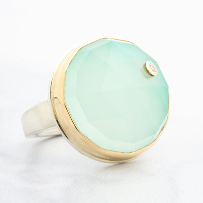 Sterling & 14K Gold Aqua Chalcedony & Diamond Ring