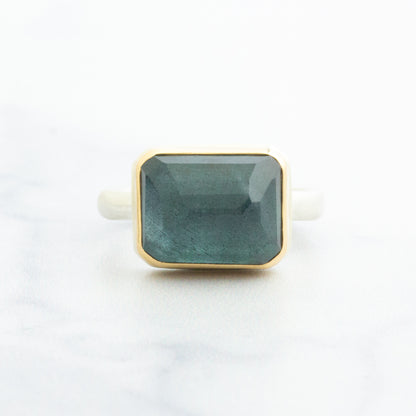 Sterling & 14K Gold Rectangular Moss Aquamarine Ring