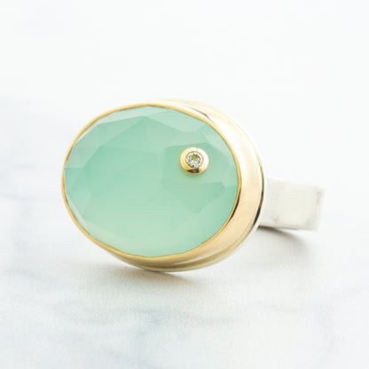 Sterling & 14K Gold Aqua Chalcedony & Diamond Ring