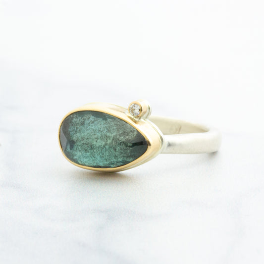 Sterling & 14K Gold Moss Aquamarine & Diamond Ring