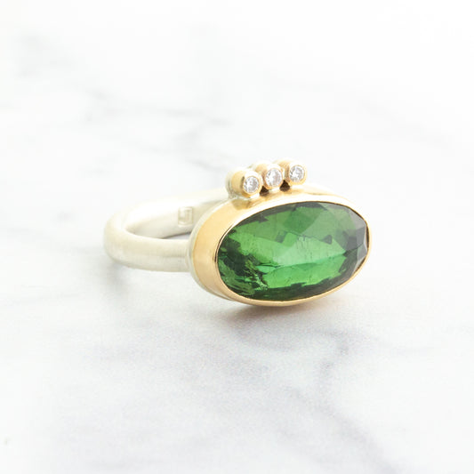 Sterling & 14K Gold Green Tourmaline & Diamond Ring