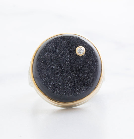 Sterling & 14K Gold Brazilian Black Drusy & Diamond Ring