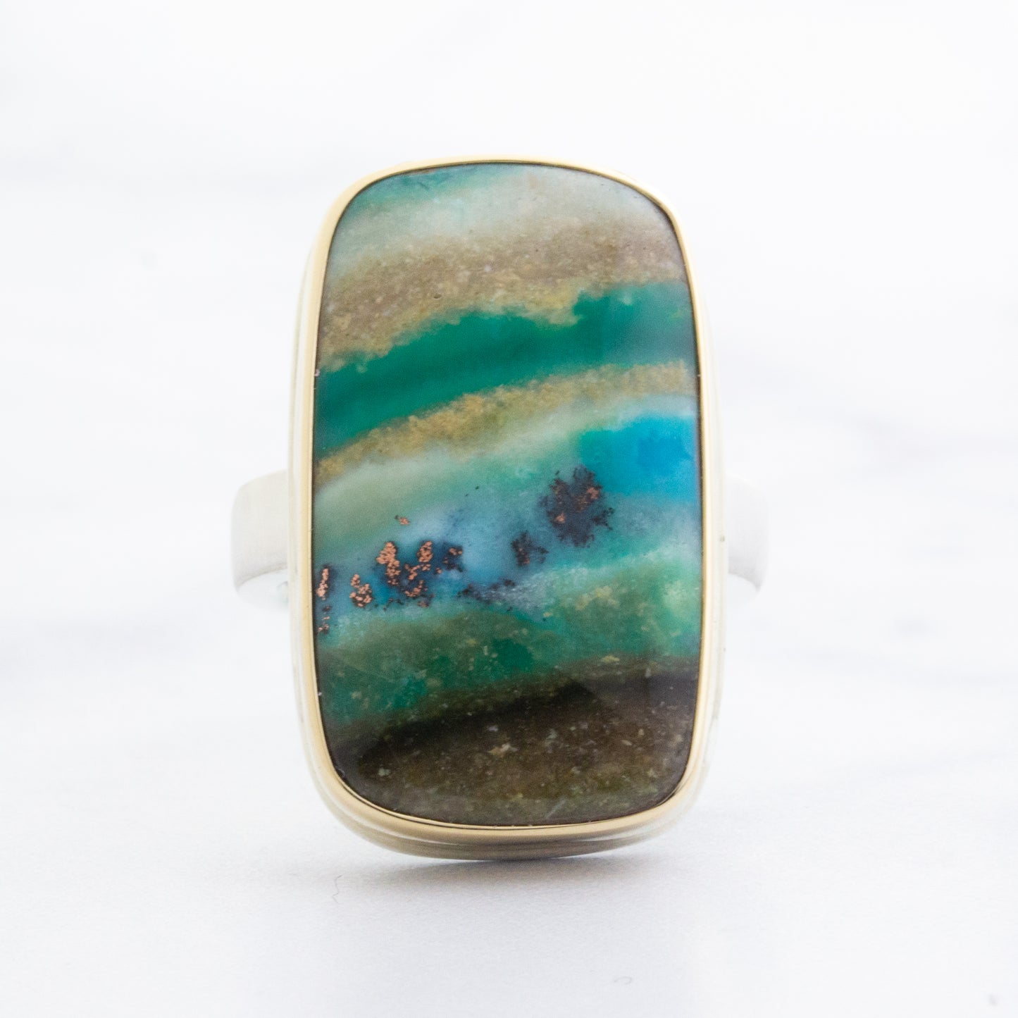 Sterling & 14K Gold Blue Indonesian Fossilized Opalized Wood Ring