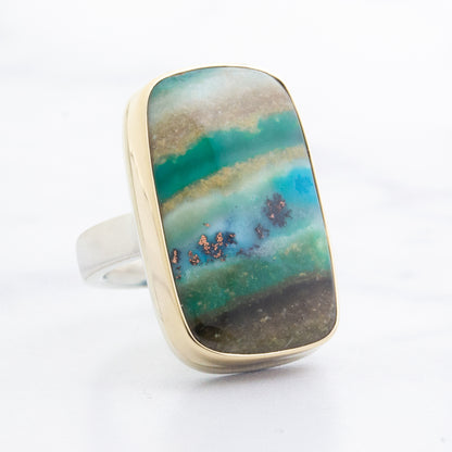 Sterling & 14K Gold Blue Indonesian Fossilized Opalized Wood Ring