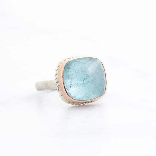 Sterling Lava Edge & 14K Rose Gold Aquamarine Ring