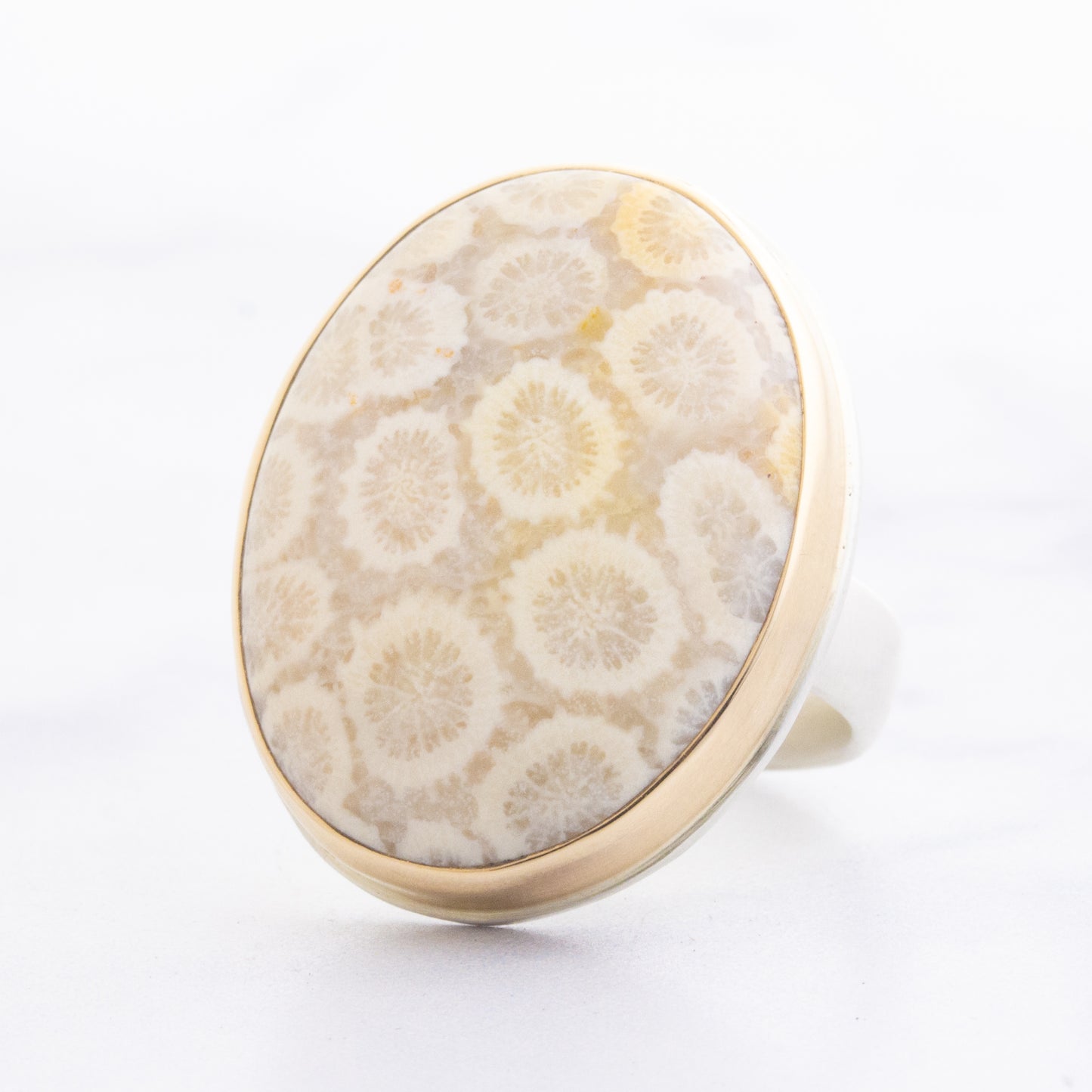 Sterling & 14K Gold Oval Fossilized Coral Ring