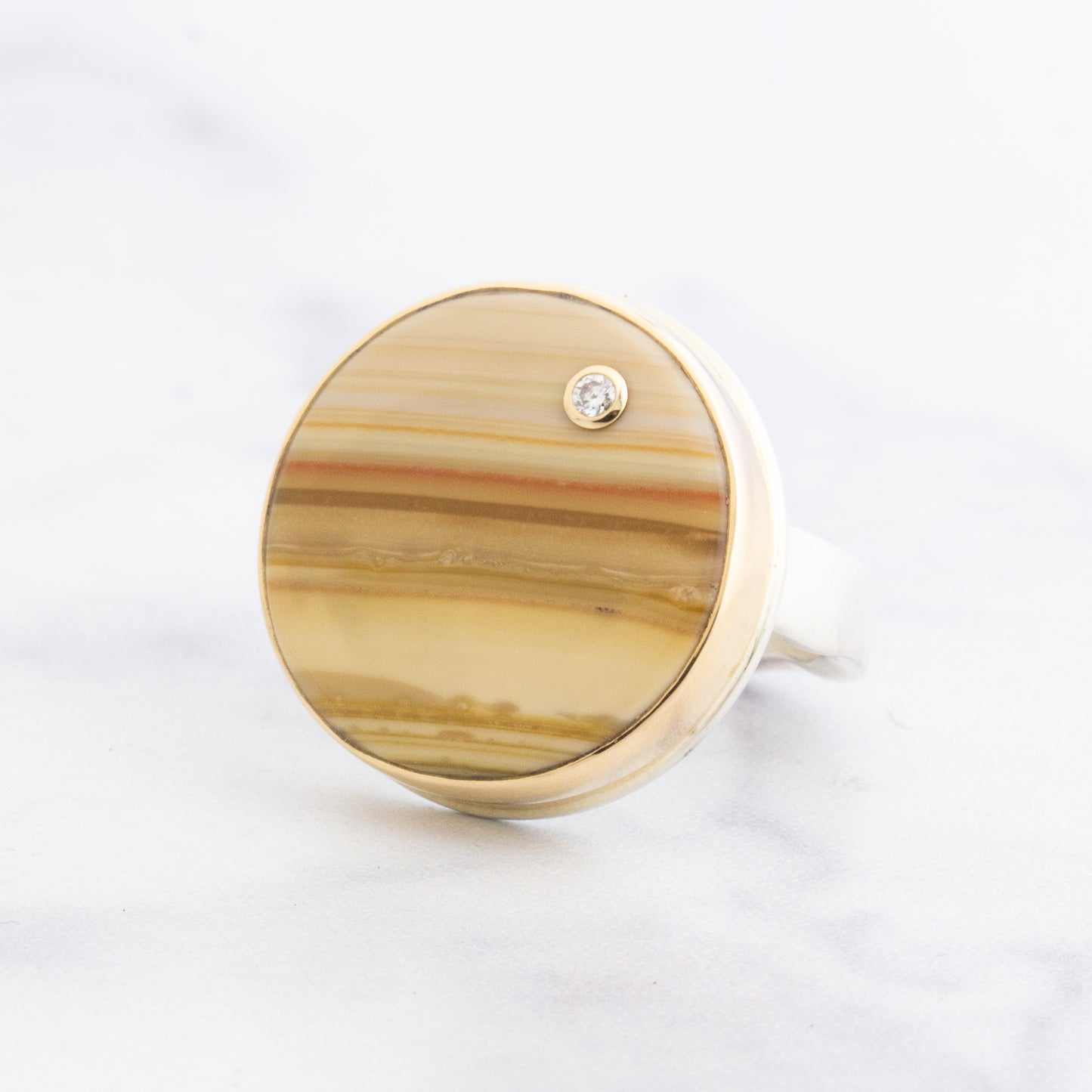 Sterling & 14K Gold Round Saturn Chalcedony & Diamond Ring