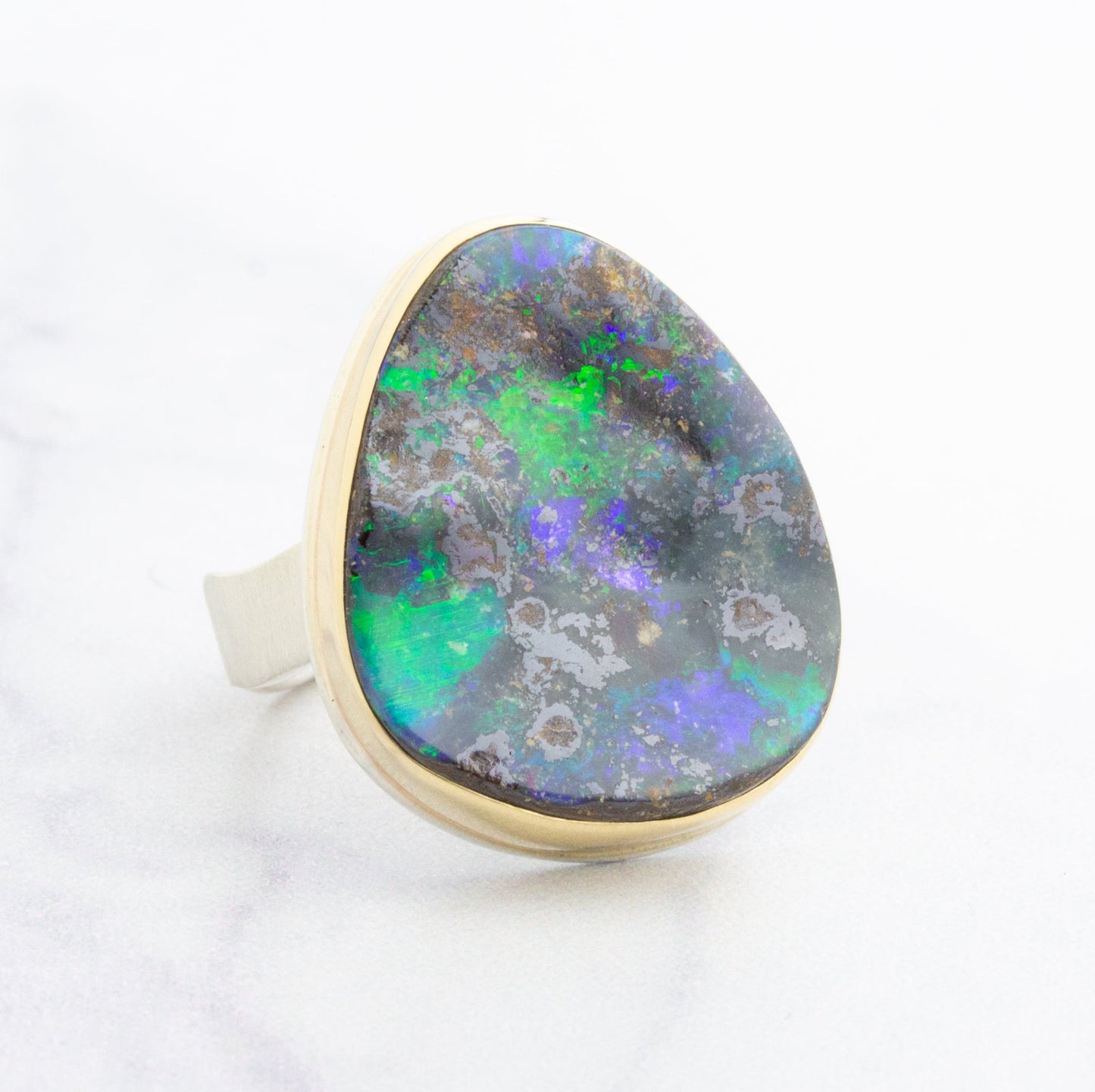 Sterling & 14K Gold Vertical Boulder Opal Ring
