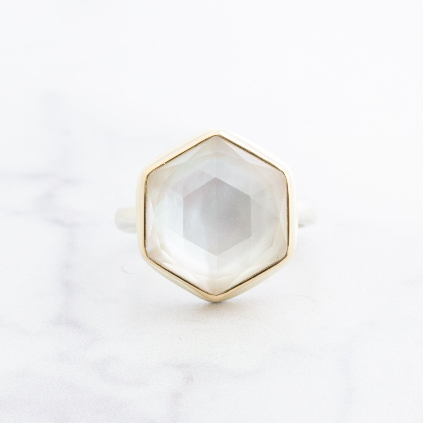 Sterling & 14K Gold Rock Crystal and Mother of Pearl Ring