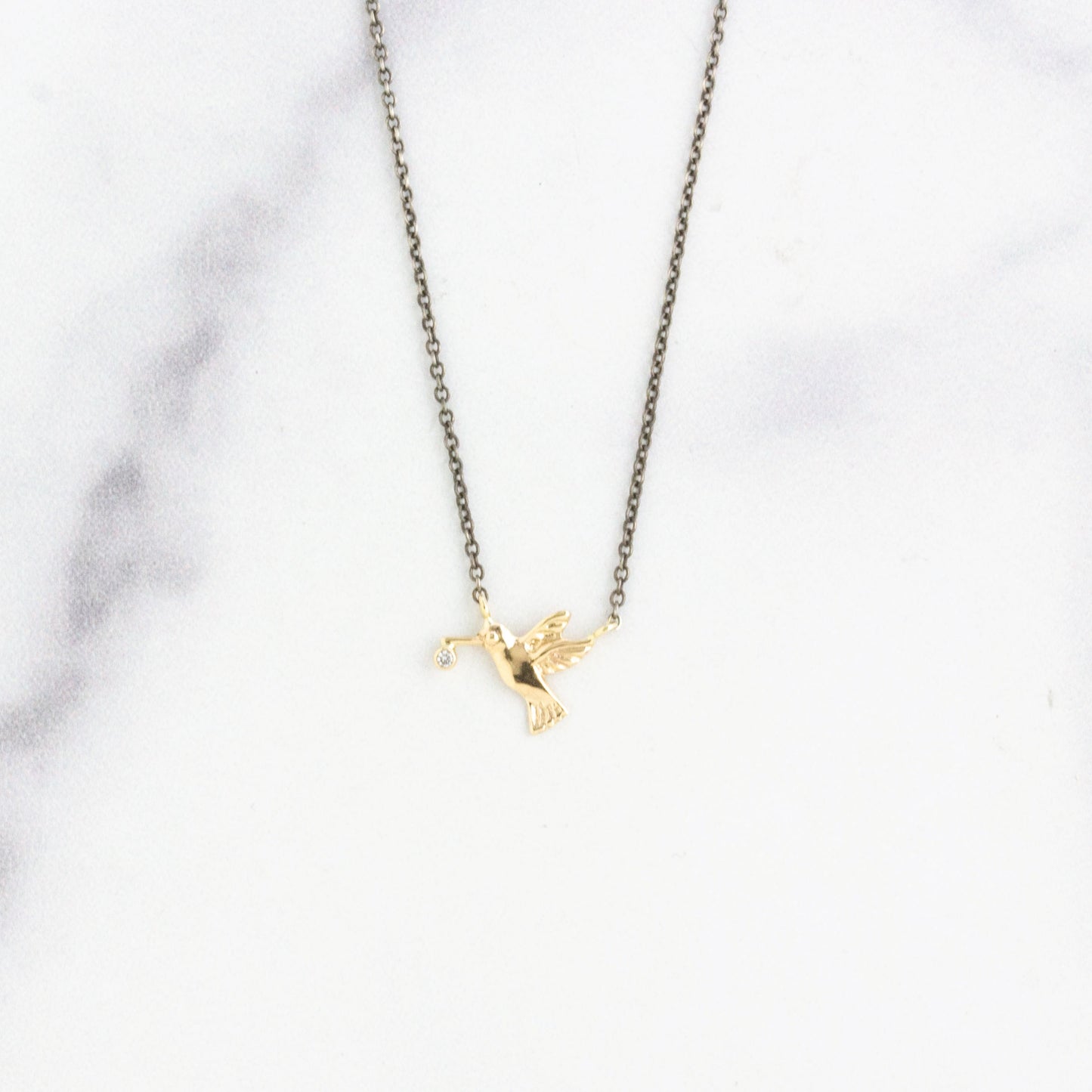 Oxidized Sterling & 14K Gold Diamond Hummingbird Necklace