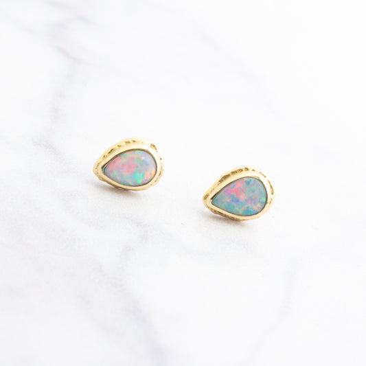 14K Gold Teardrop Australian Opal Post Earrings