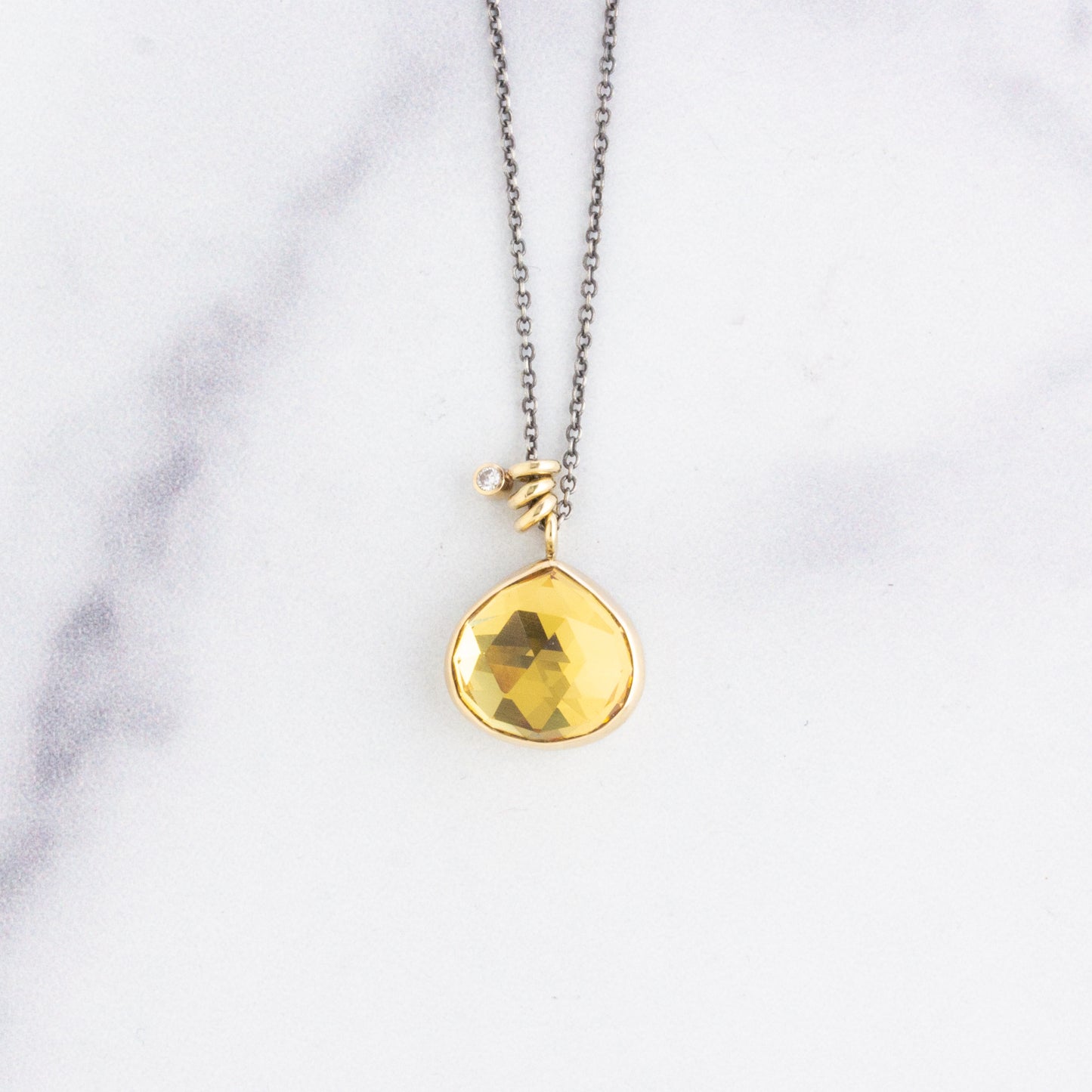 Oxidized Sterling & 14K Gold Small Citrine & Diamond Necklace