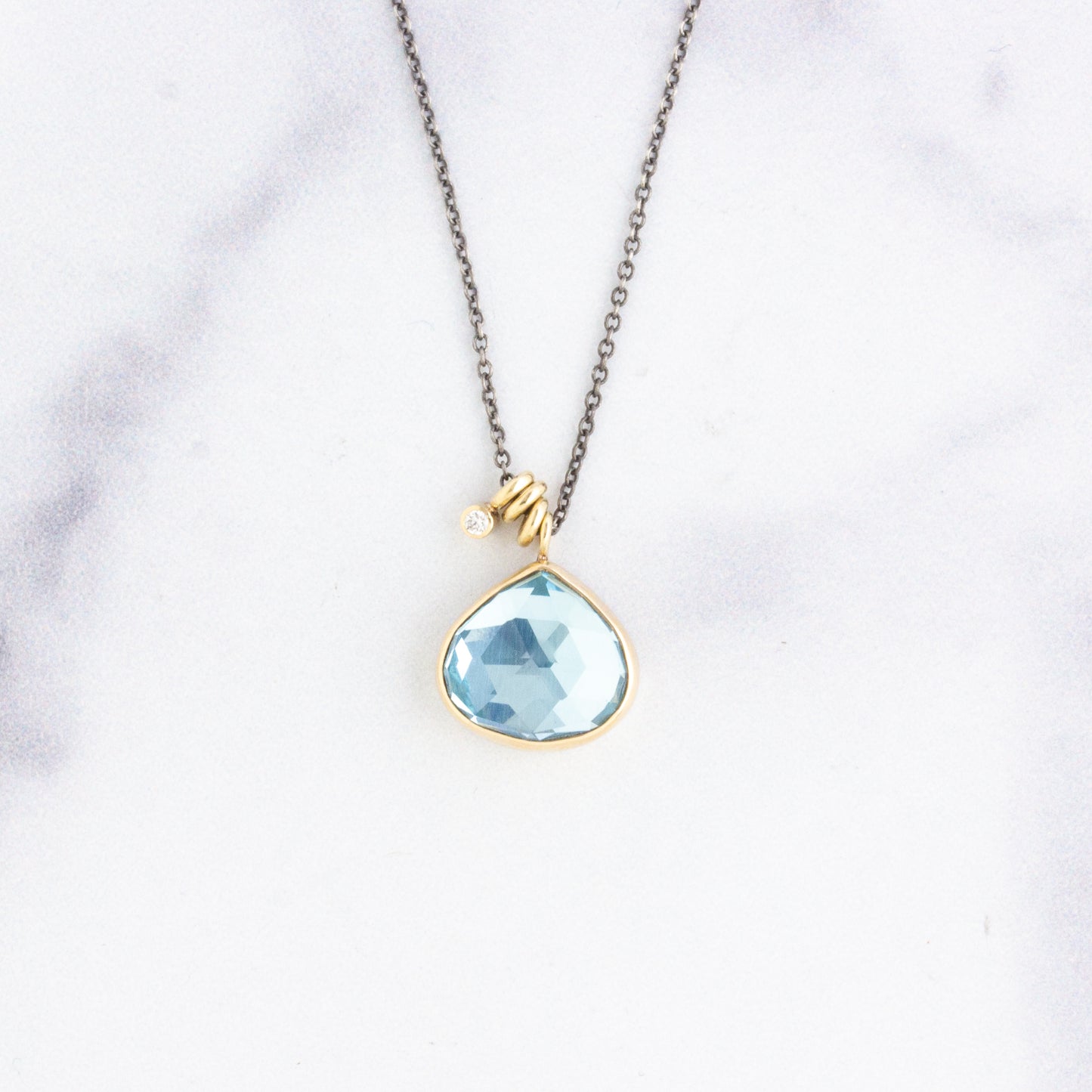 Oxidized Sterling & 14K Gold Small Sky Blue Topaz & Diamond Necklace