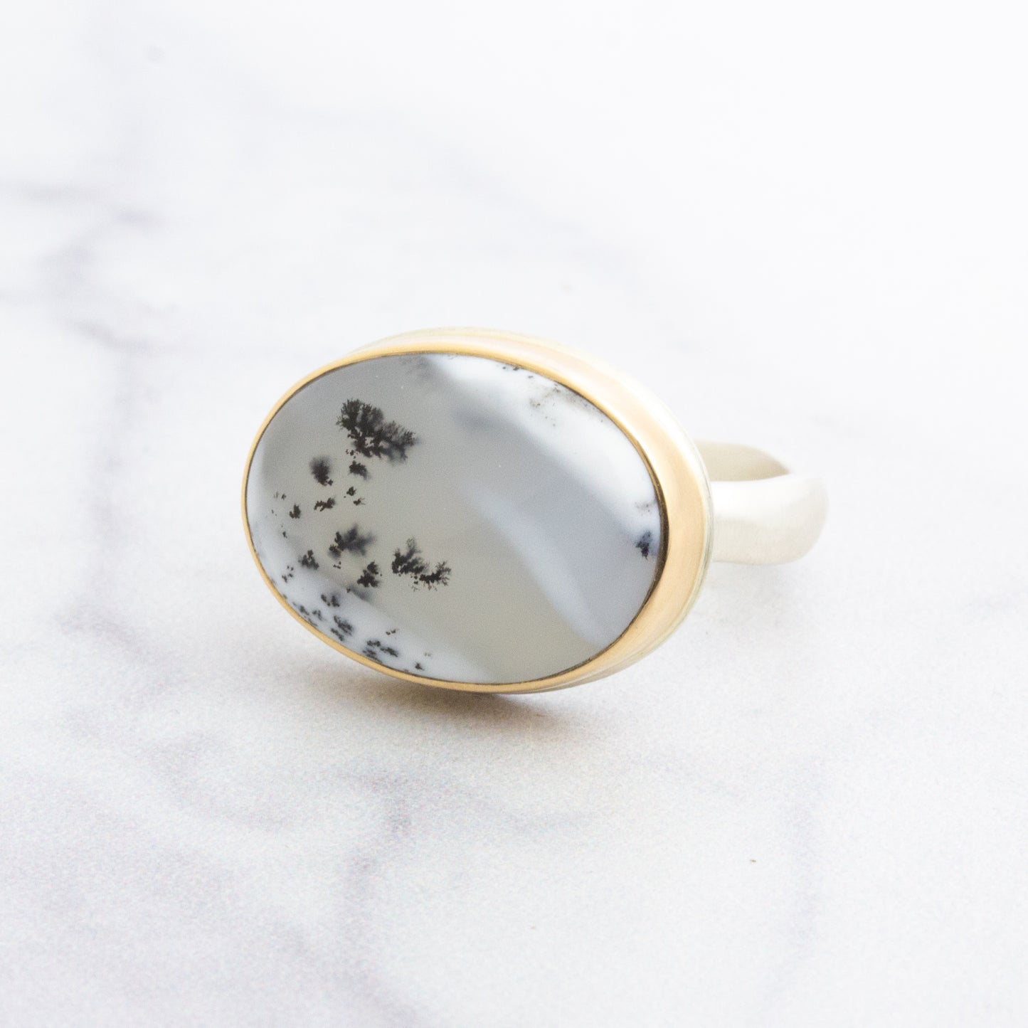 Sterling & 14K Gold Oval Dendritic Opal Ring