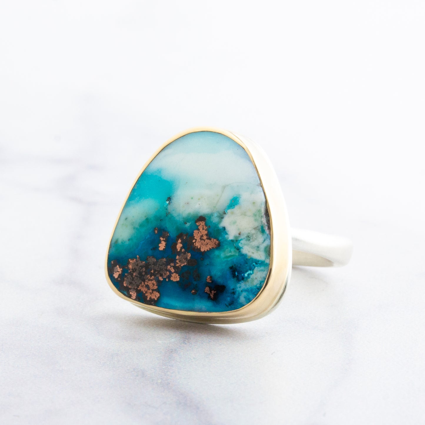 Sterling & 14K Gold Asymmetrical Indonesian Blue Opal Ring