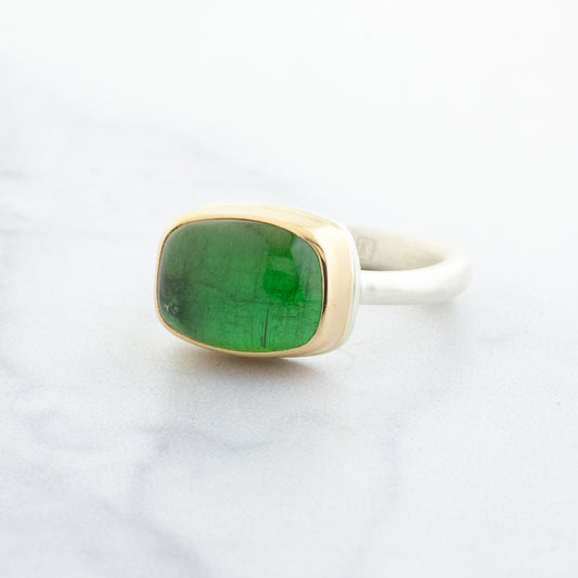 Sterling & 14K Gold Rectangular Green Tourmaline Ring