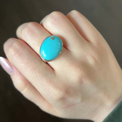 Sterling & 14K Gold Oval Sleeping Beauty Turquoise & Diamond Ring