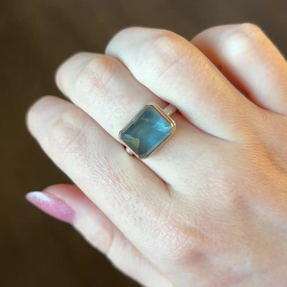 Sterling & 14K Gold Rectangular Moss Aquamarine Ring
