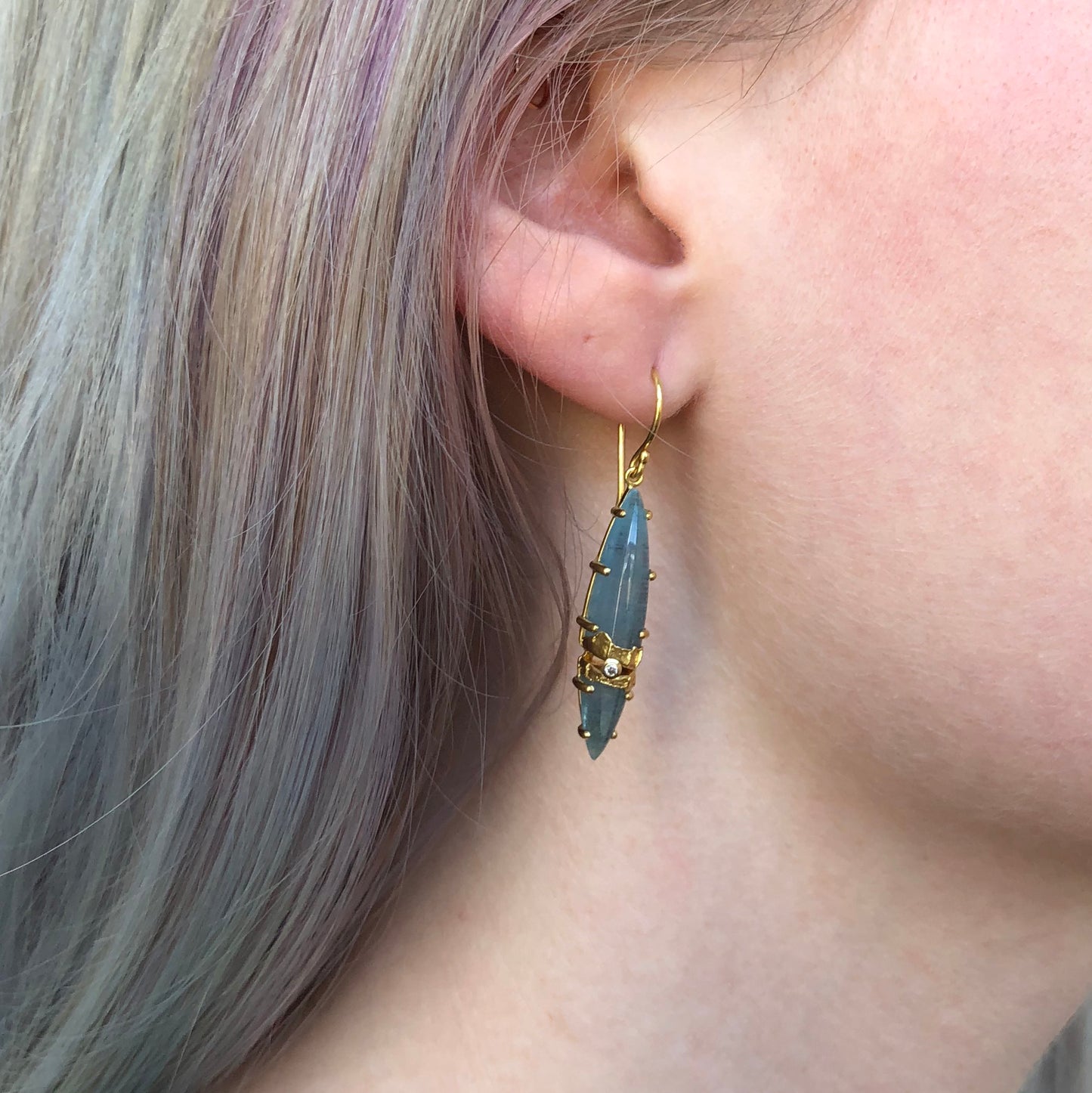 22K Golden Joinery Aquamarine & Diamond Prong Earrings