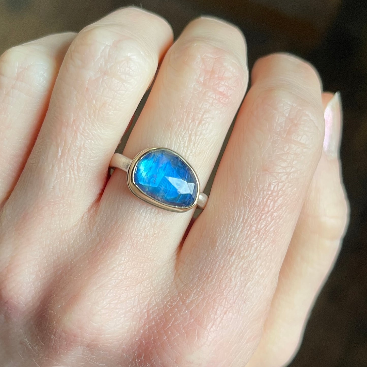 Sterling & 14K Gold Asymmetrical Blue Rainbow Moonstone Ring