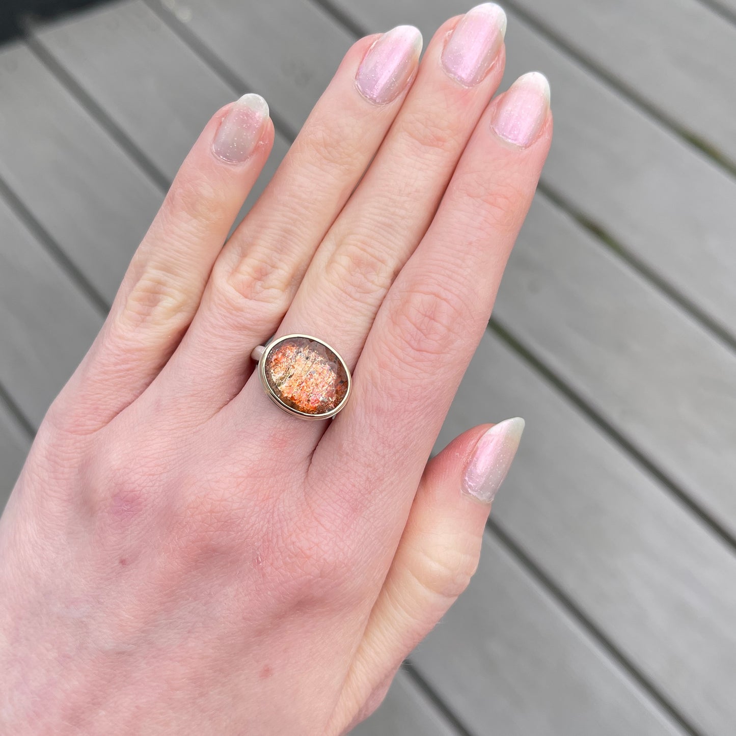 Sterling & 14K Gold Small Oval African Sunstone Ring
