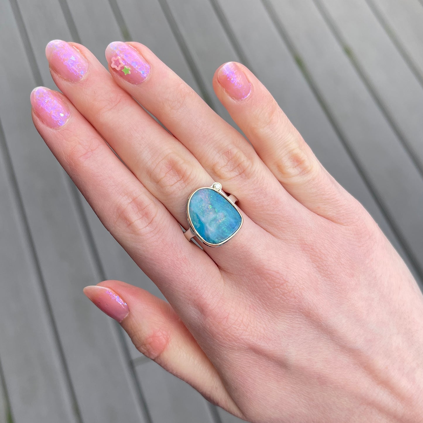 Sterling & 18K Gold Australian Opal & Diamond Ring