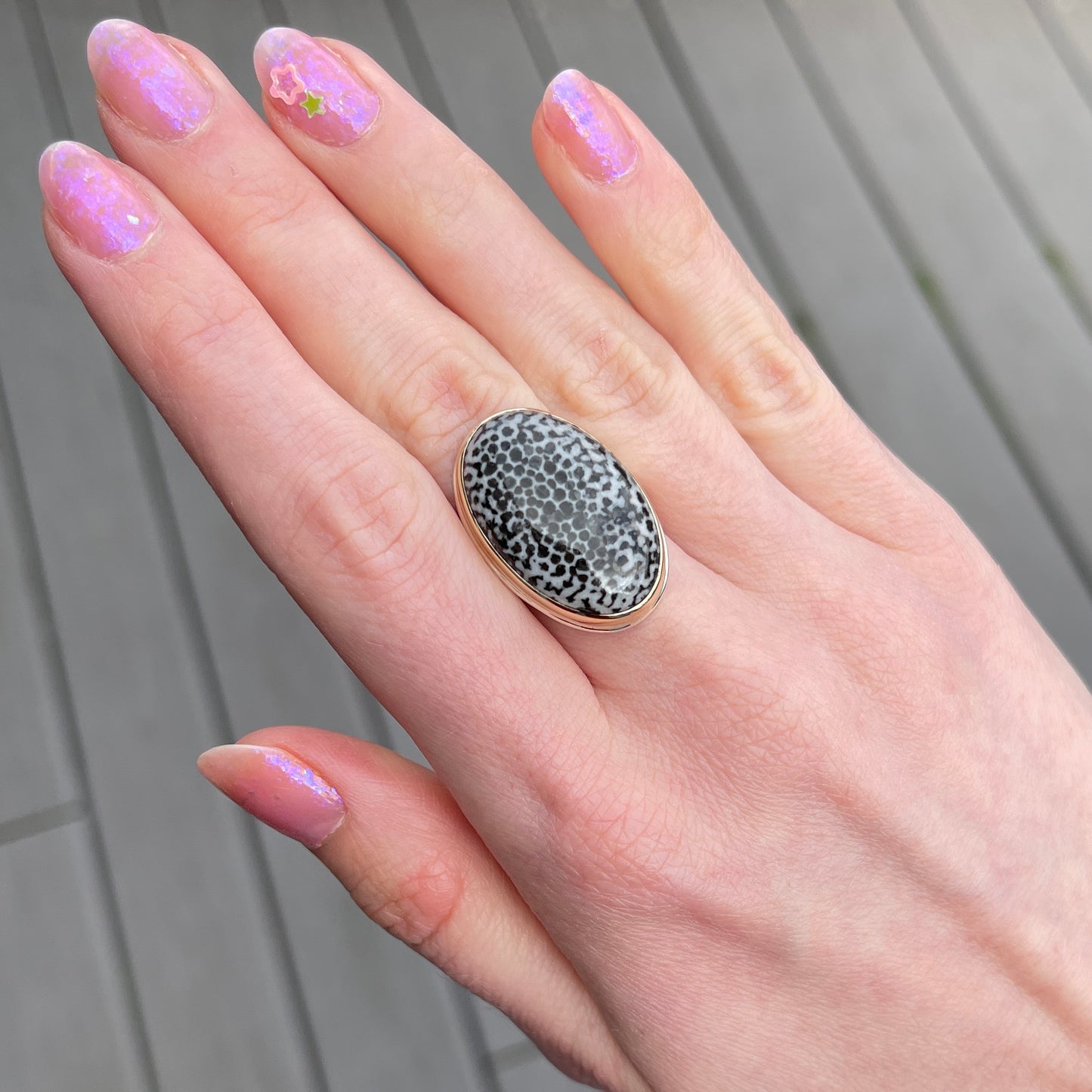 Sterling & 14K Gold Fossilized Stingray Coral Ring