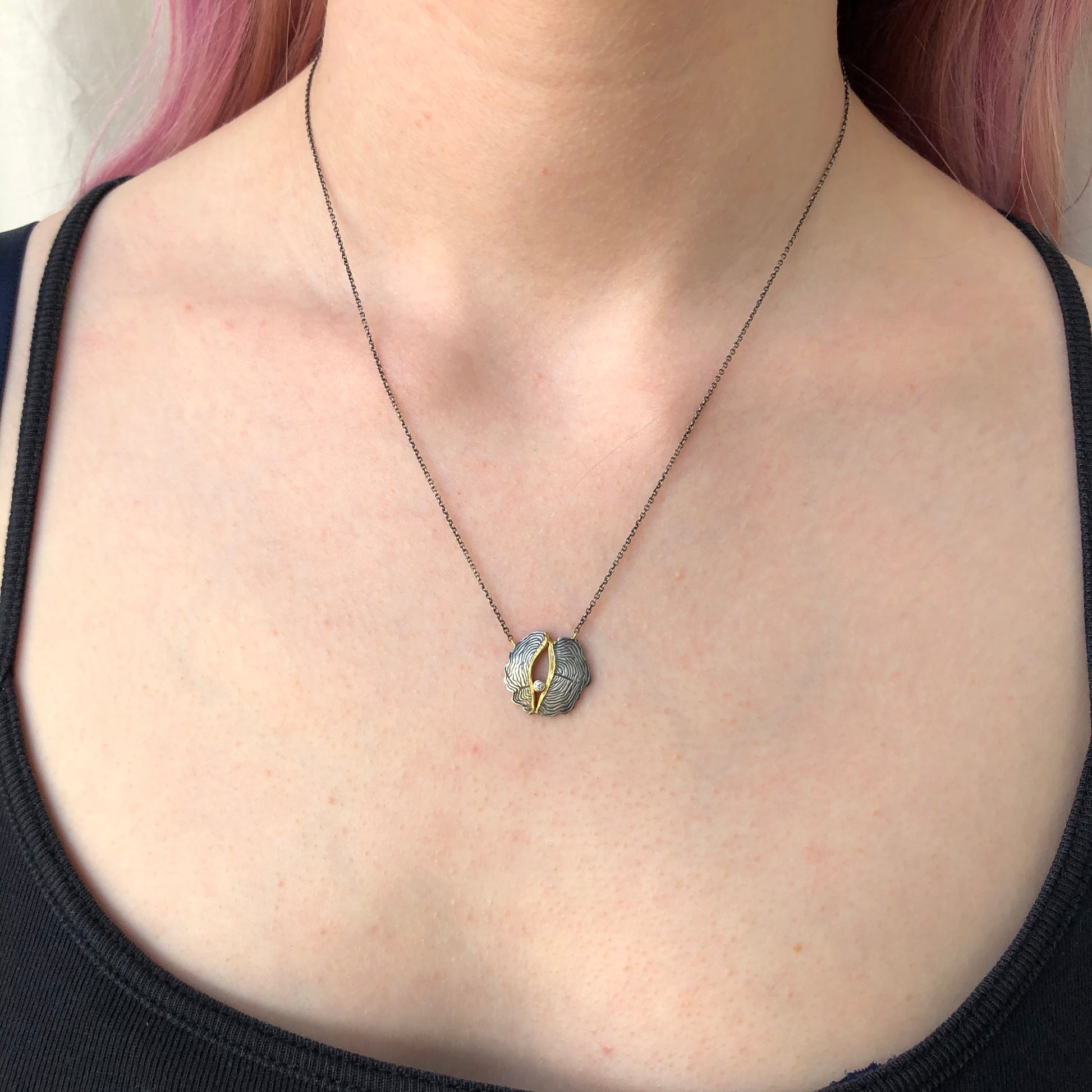 Oxidized Sterling & 18K Gold Diamond Round Woodcut Necklace