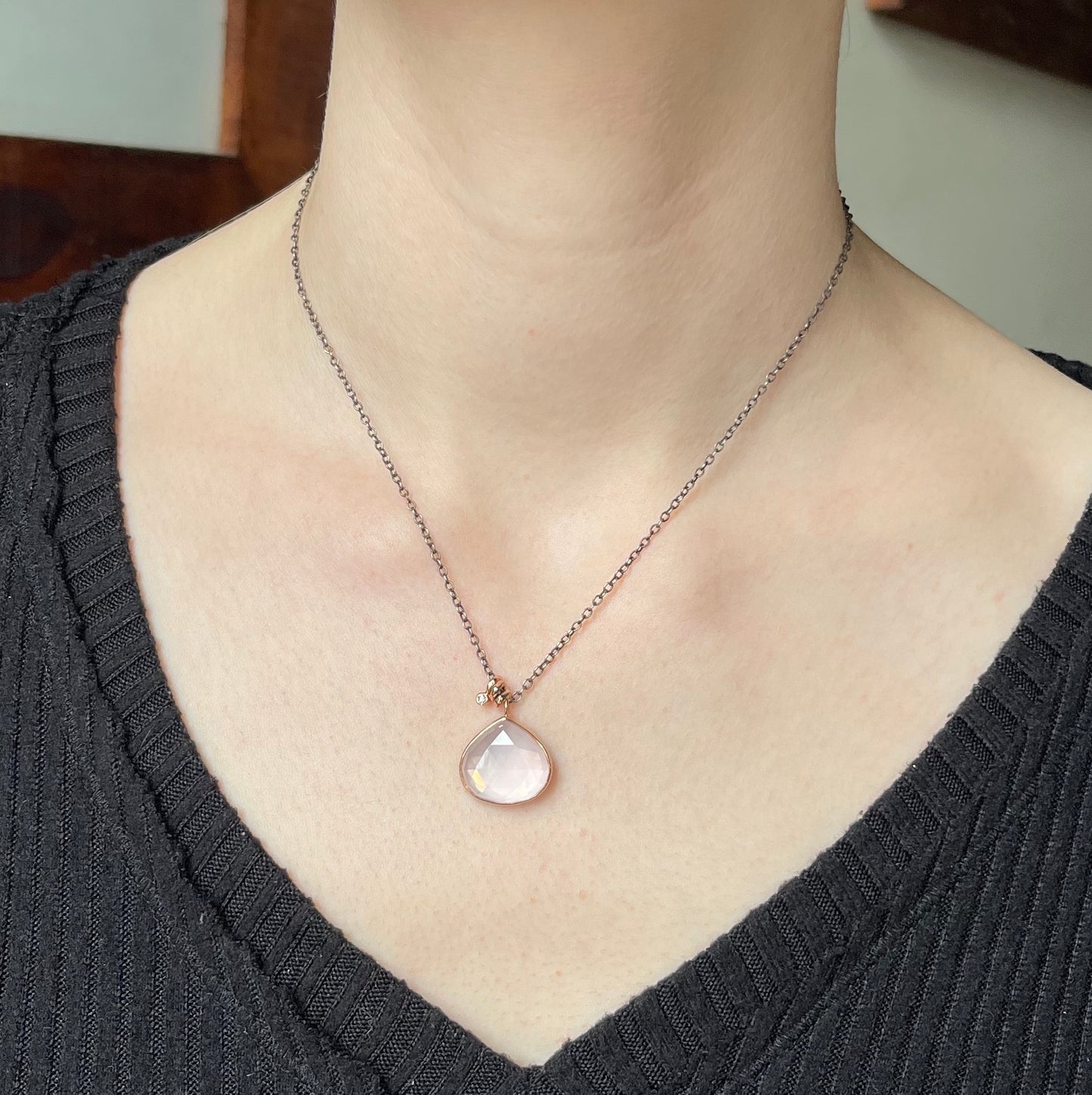 Oxidized Sterling & 14K Rose Gold Rose Quartz & Diamond Necklace