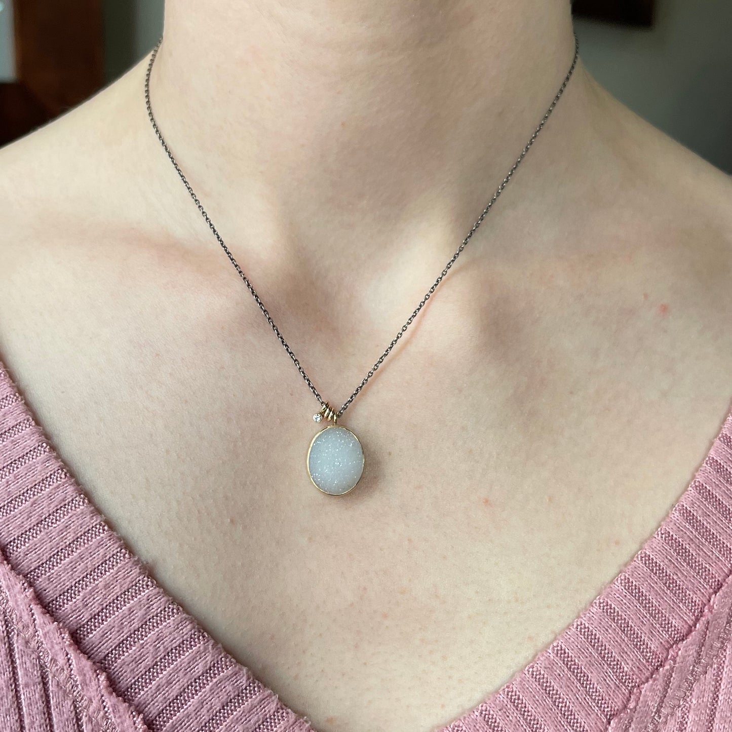 Oxidized Sterling & 14K Gold Brazilian White Drusy & Diamond Necklace