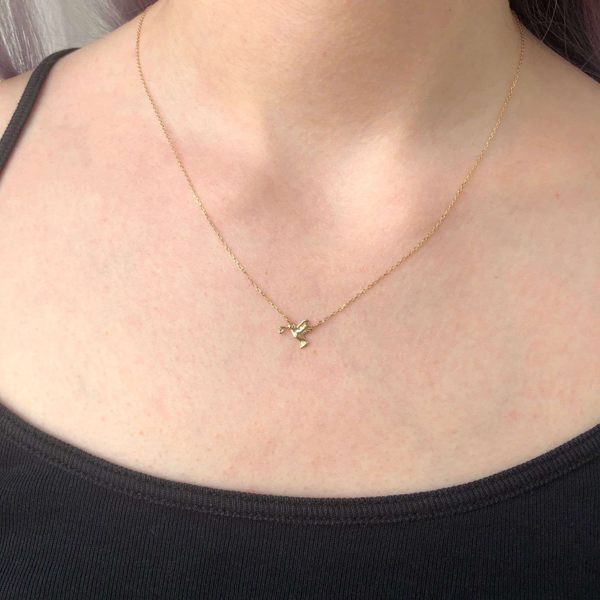 14K Gold Diamond Hummingbird Necklace