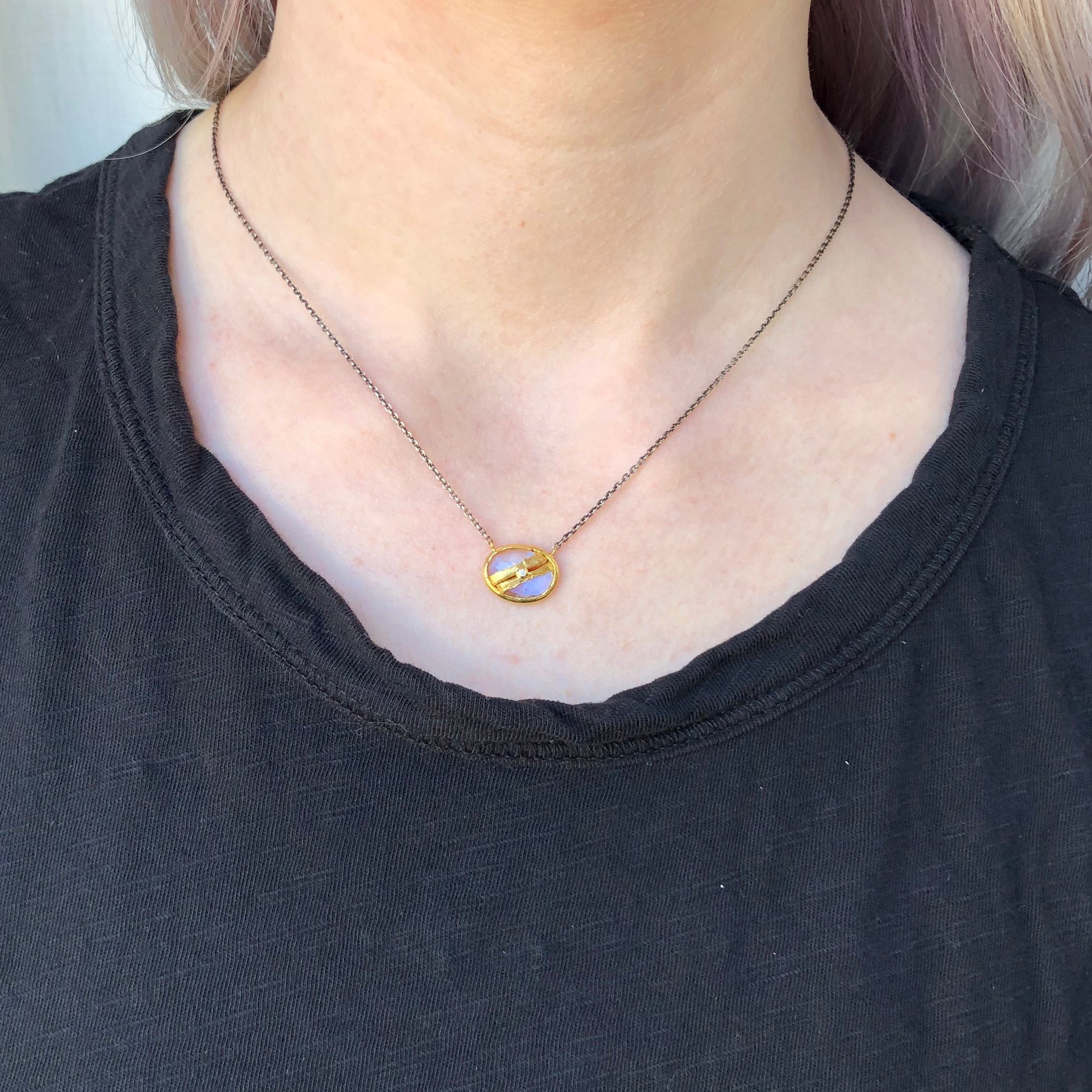 Oxidized Sterling & 22K Golden Joinery White Rainbow Moonstone & Diamond Necklace