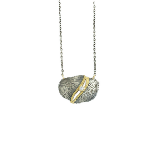 Oxidized Sterling & 18K Gold Diamond Oval Woodcut Necklace