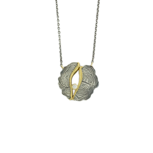 Oxidized Sterling & 18K Gold Diamond Round Woodcut Necklace