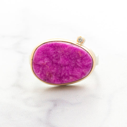 Sterling & 14K Rose Gold Cobalt Calcite Drusy & Diamond Ring