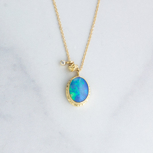 14K Gold Australian Opal & Diamond Necklace