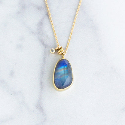Sterling & 14K Gold Blue Rainbow Moonstone & Diamond Necklace